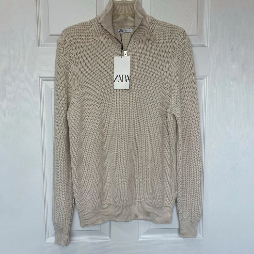 Zara Cotton Sweater NEW Men’s Medium Beige Shaker Knit Mock Neck Casual Friday